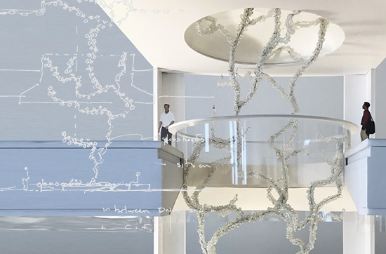 A model of a sculpture designed by artist Maya Lin appears like a branching vertical structure across two stories of an indoor space, populated by model people. The image is paired with a sketch version of the same sculpture.